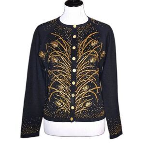 BellePointe Vintage Black Gold Beading Long Sleeve Farm Girl Cardigan Sweater